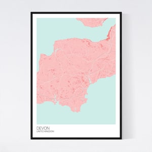 Devon, England Map Art Print Many Styles 350gsm Art Quality Paper Fast Delivery Scandi // Vintage // Retro // Minimal Pink/Light Blue