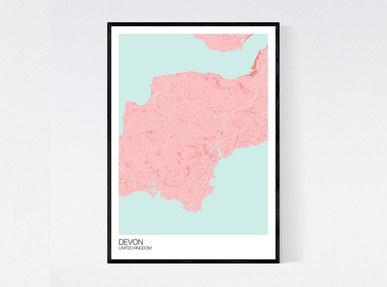 Devon, England Map Art Print Many Styles 350gsm Art Quality Paper Fast Delivery Scandi // Vintage // Retro // Minimal Pink/Light Blue