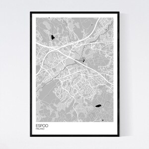 Espoo, Finland Map Art Print Many Colours 350gsm Art Quality Paper Fast Delivery Wall Art // Vintage // Retro // Minimal Grey/Black