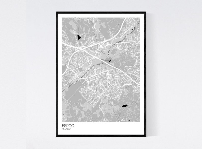 Espoo, Finland Map Art Print Many Colours 350gsm Art Quality Paper Fast Delivery Wall Art // Vintage // Retro // Minimal Grey/Black