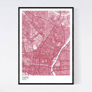 Taito, Tokyo Map Print Many Colours Fast Delivery Scandi // Vintage // Retro // Poster Printed on Art Quality Paper Pastel Red