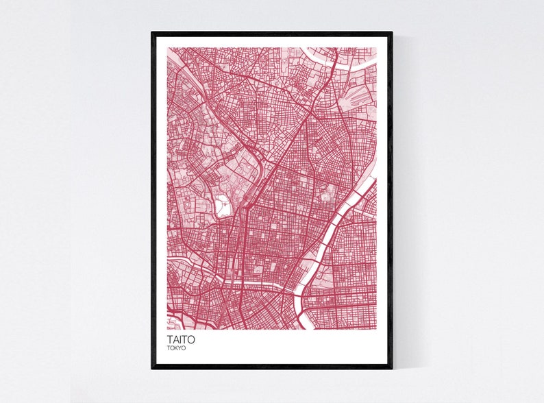 Taito, Tokyo Map Print Many Colours Fast Delivery Scandi // Vintage // Retro // Poster Printed on Art Quality Paper Pastel Red