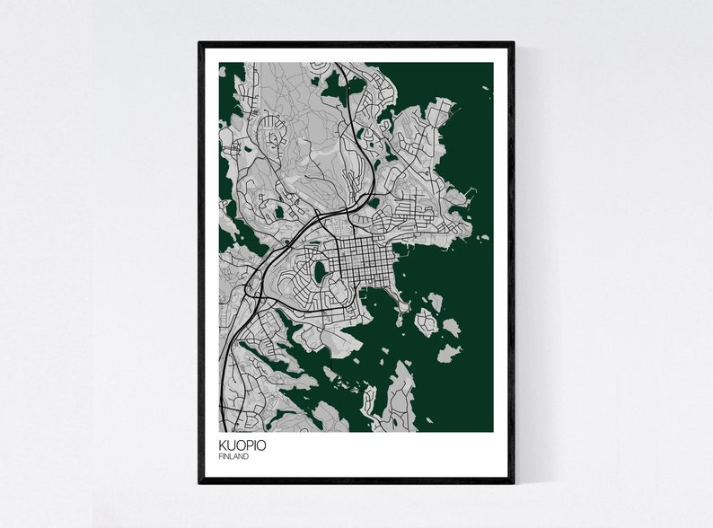 Kuopio, Finland Map Art Print Many Colours 350gsm Art Quality Paper Fast Delivery Wall Art // Vintage // Retro // Minimal Grey/Green