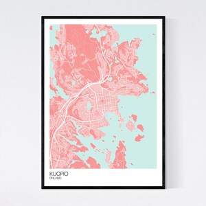 Kuopio, Finland Map Art Print Many Colours 350gsm Art Quality Paper Fast Delivery Wall Art // Vintage // Retro // Minimal Pink/Light Blue