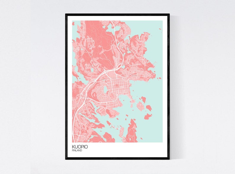 Kuopio, Finland Map Art Print Many Colours 350gsm Art Quality Paper Fast Delivery Wall Art // Vintage // Retro // Minimal Pink/Light Blue