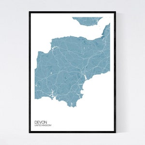 Devon, England Map Art Print Many Styles 350gsm Art Quality Paper Fast Delivery Scandi // Vintage // Retro // Minimal Pastel Blue