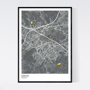 Espoo, Finland Map Art Print Many Colours 350gsm Art Quality Paper Fast Delivery Wall Art // Vintage // Retro // Minimal Grey/Yellow