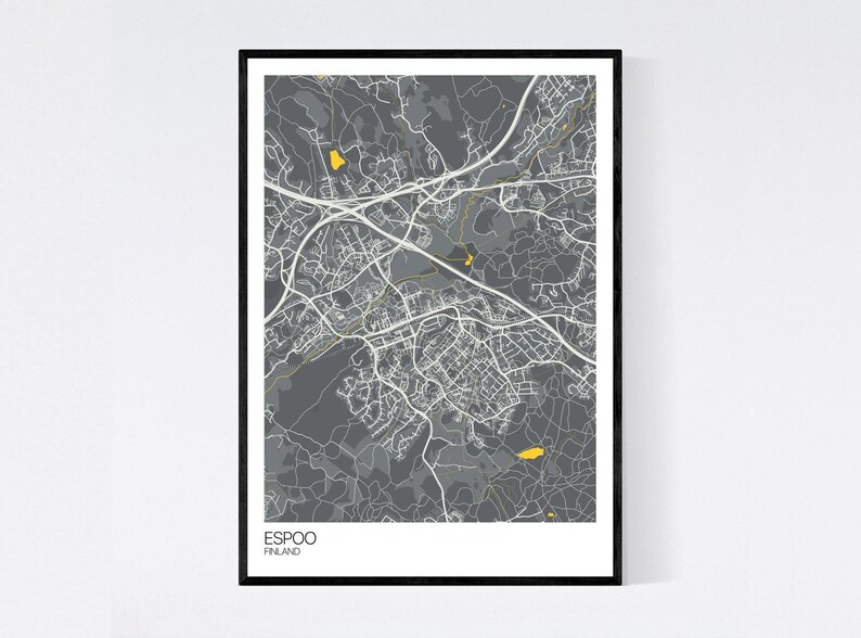 Espoo, Finland Map Art Print Many Colours 350gsm Art Quality Paper Fast Delivery Wall Art // Vintage // Retro // Minimal Grey/Yellow