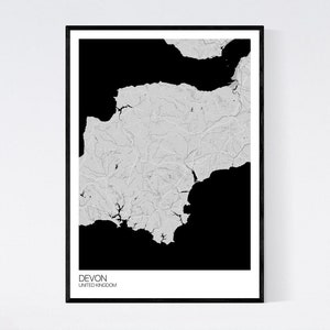 Devon, England Map Art Print Many Styles 350gsm Art Quality Paper Fast Delivery Scandi // Vintage // Retro // Minimal Grey/Black