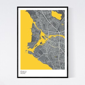 Oulu, Finland Map Art Print Many Colours 350gsm Art Quality Paper Fast Delivery Wall Art // Vintage // Retro // Minimal Grey/Yellow