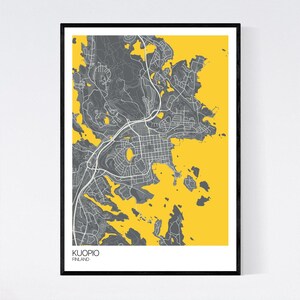 Kuopio, Finland Map Art Print Many Colours 350gsm Art Quality Paper Fast Delivery Wall Art // Vintage // Retro // Minimal Grey/Yellow