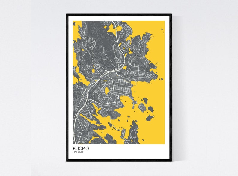 Kuopio, Finland Map Art Print Many Colours 350gsm Art Quality Paper Fast Delivery Wall Art // Vintage // Retro // Minimal Grey/Yellow