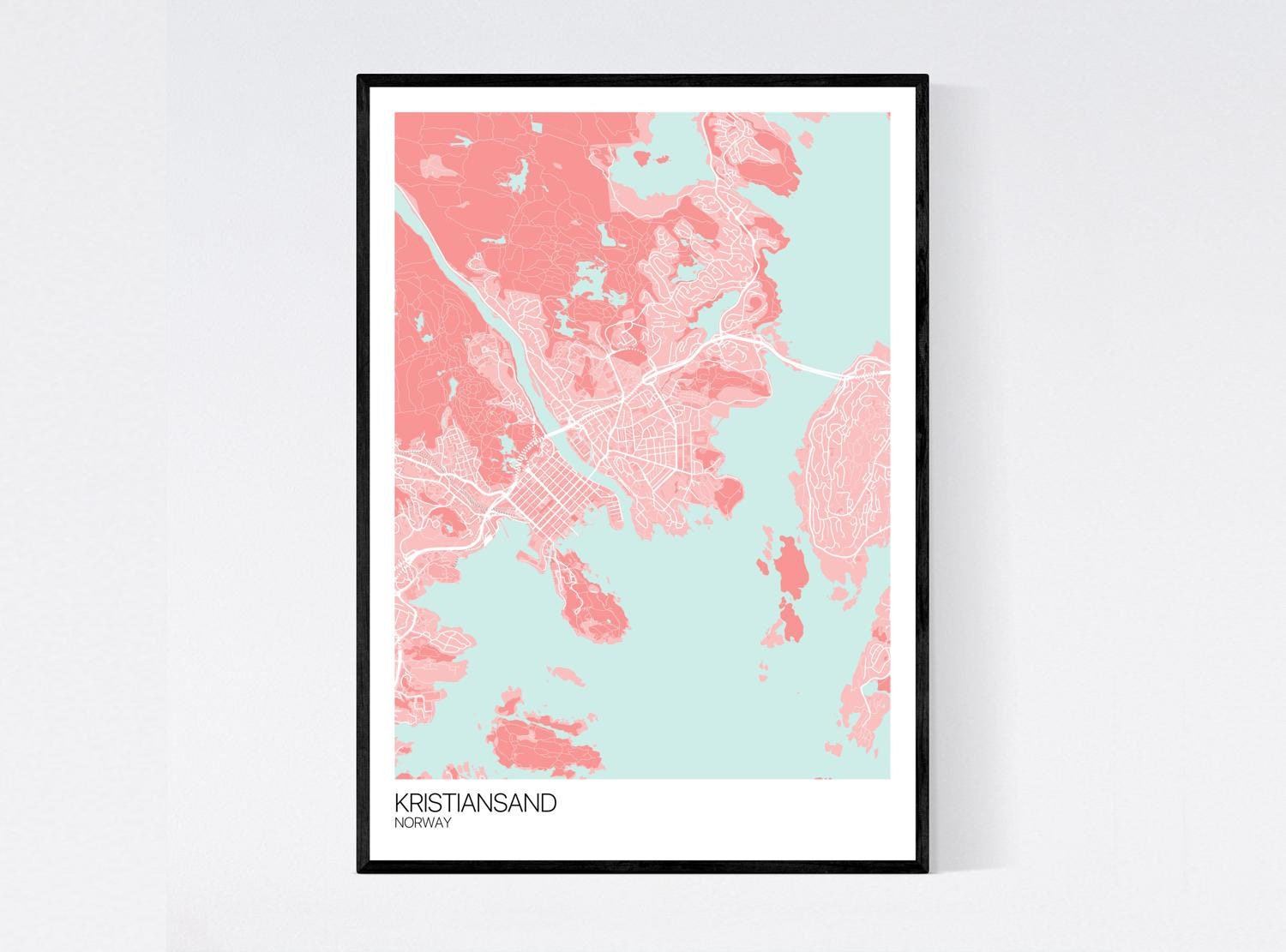 Kristiansand Norway Map Art Print Many Colours 350gsm Art Etsy