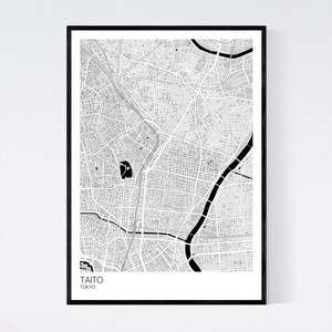 Taito, Tokyo Map Print Many Colours Fast Delivery Scandi // Vintage // Retro // Poster Printed on Art Quality Paper Grey/Black