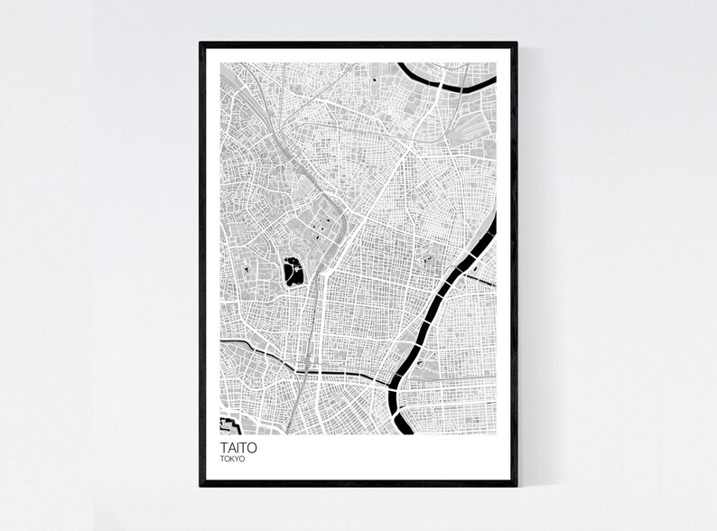 Taito, Tokyo Map Print Many Colours Fast Delivery Scandi // Vintage // Retro // Poster Printed on Art Quality Paper Grey/Black