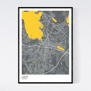 Lahti, Finland Map Art Print Many Colours 350gsm Art Quality Paper Fast Delivery Wall Art // Vintage // Retro // Minimal Grey/Yellow