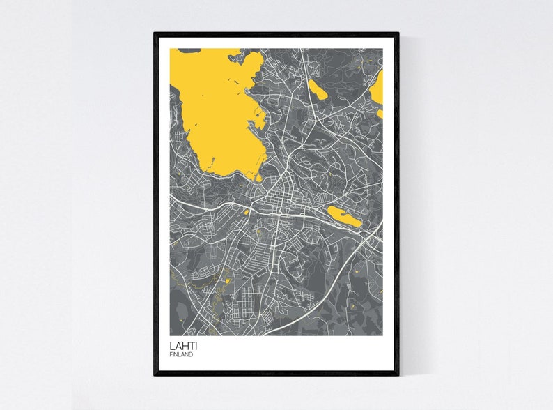 Lahti, Finland Map Art Print Many Colours 350gsm Art Quality Paper Fast Delivery Wall Art // Vintage // Retro // Minimal Grey/Yellow