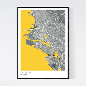 Oakland Kalifornien Karte Viele Farben gedruckt auf Kunst Grey/Yellow