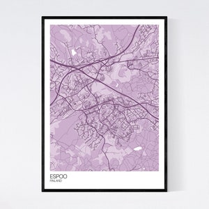 Espoo, Finland Map Art Print Many Colours 350gsm Art Quality Paper Fast Delivery Wall Art // Vintage // Retro // Minimal Pastel Purple