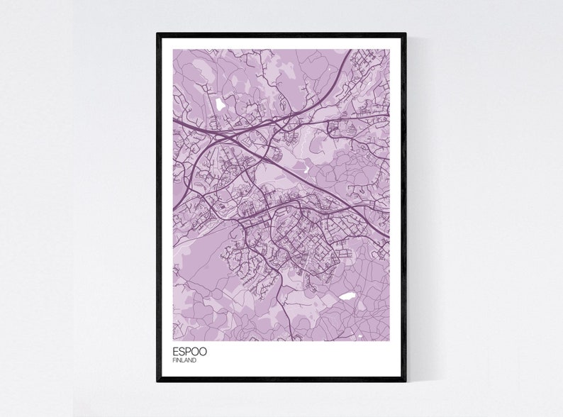 Espoo, Finland Map Art Print Many Colours 350gsm Art Quality Paper Fast Delivery Wall Art // Vintage // Retro // Minimal Pastel Purple