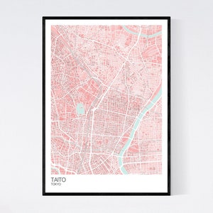 Taito, Tokyo Map Print Many Colours Fast Delivery Scandi // Vintage // Retro // Poster Printed on Art Quality Paper Pink/Light Blue