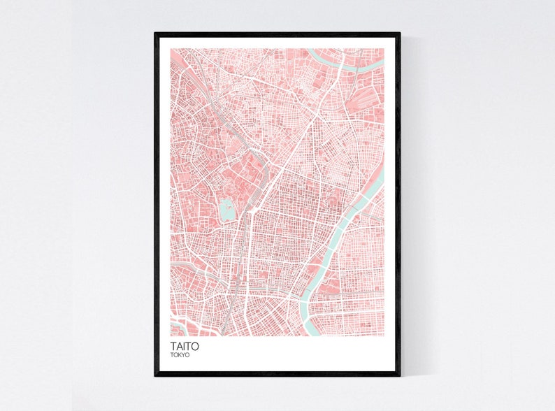 Taito, Tokyo Map Print Many Colours Fast Delivery Scandi // Vintage // Retro // Poster Printed on Art Quality Paper Pink/Light Blue