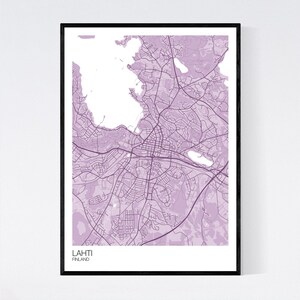 Lahti, Finland Map Art Print Many Colours 350gsm Art Quality Paper Fast Delivery Wall Art // Vintage // Retro // Minimal Pastel Purple