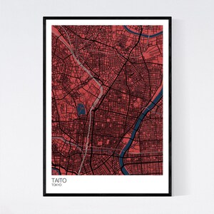 Taito, Tokyo Map Print Many Colours Fast Delivery Scandi // Vintage // Retro // Poster Printed on Art Quality Paper Red/Blue