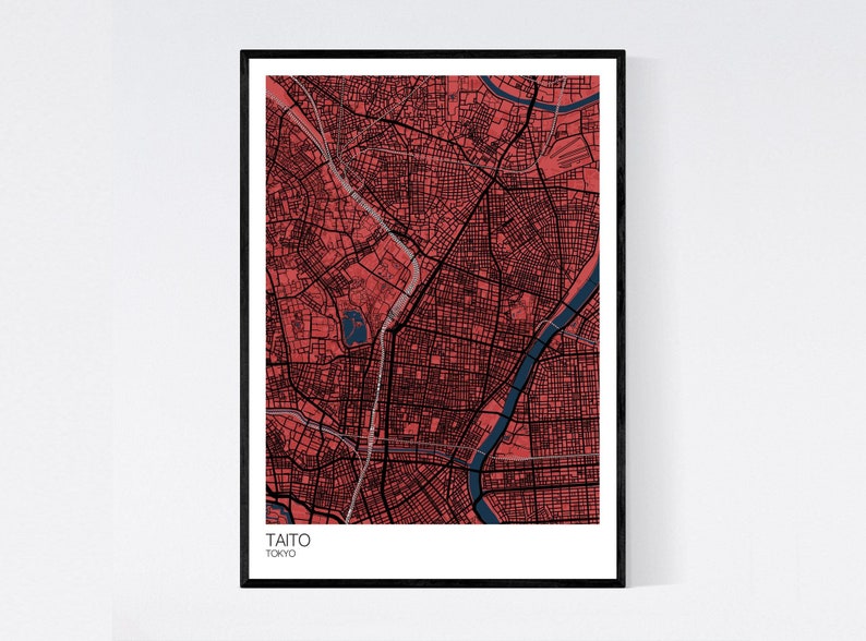 Taito, Tokyo Map Print Many Colours Fast Delivery Scandi // Vintage // Retro // Poster Printed on Art Quality Paper Red/Blue