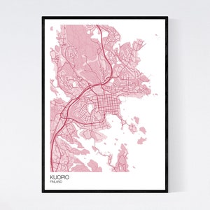 Kuopio, Finland Map Art Print Many Colours 350gsm Art Quality Paper Fast Delivery Wall Art // Vintage // Retro // Minimal Pastel Red