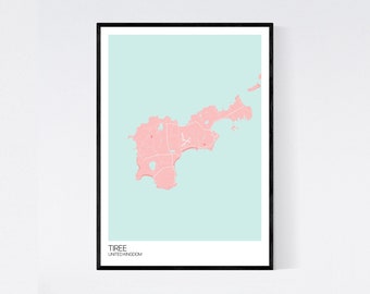 Isle of Tiree Map Art Print -  Pink/Blue/White - 350gsm Art Quality Paper - Fast Delivery - Scandi // Vintage // Retro // Minimal