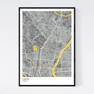 Taito, Tokyo Map Print Many Colours Fast Delivery Scandi // Vintage // Retro // Poster Printed on Art Quality Paper Grey/Yellow