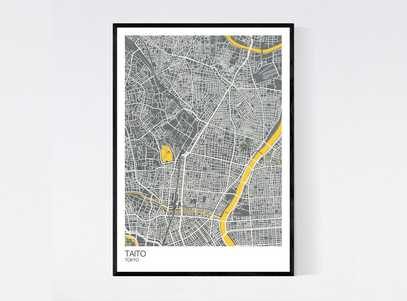 Taito, Tokyo Map Print Many Colours Fast Delivery Scandi // Vintage // Retro // Poster Printed on Art Quality Paper Grey/Yellow