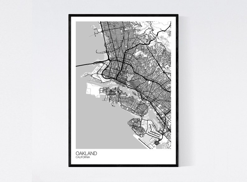 Oakland Kalifornien Karte Viele Farben gedruckt auf Kunst White/Grey