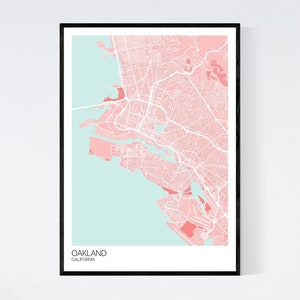Oakland Kalifornien Karte Viele Farben gedruckt auf Kunst Pink/Light Blue