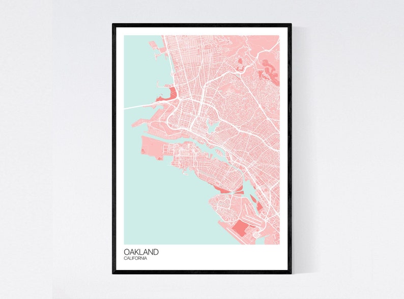 Oakland Kalifornien Karte Viele Farben gedruckt auf Kunst Pink/Light Blue