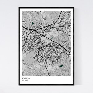 Espoo, Finland Map Art Print Many Colours 350gsm Art Quality Paper Fast Delivery Wall Art // Vintage // Retro // Minimal Grey/Green