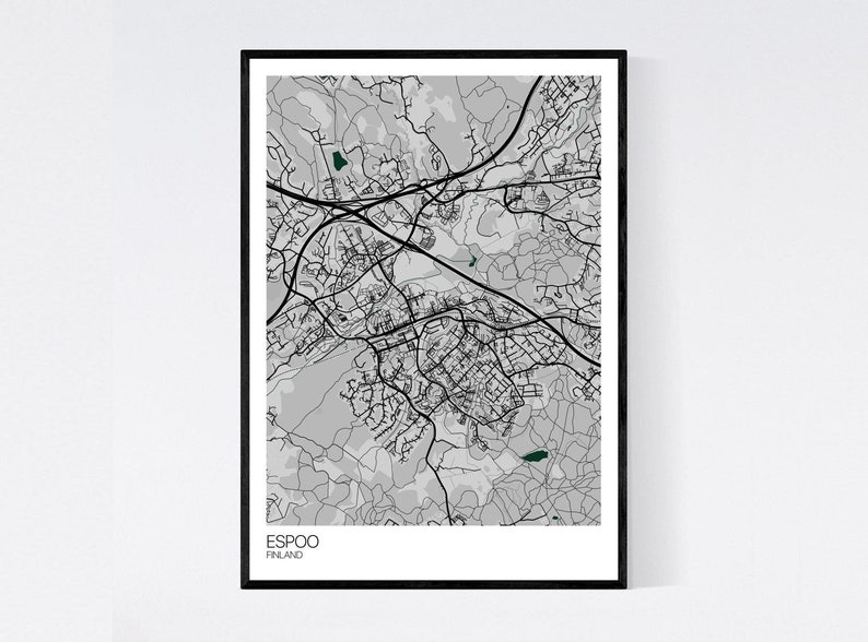 Espoo, Finland Map Art Print Many Colours 350gsm Art Quality Paper Fast Delivery Wall Art // Vintage // Retro // Minimal Grey/Green