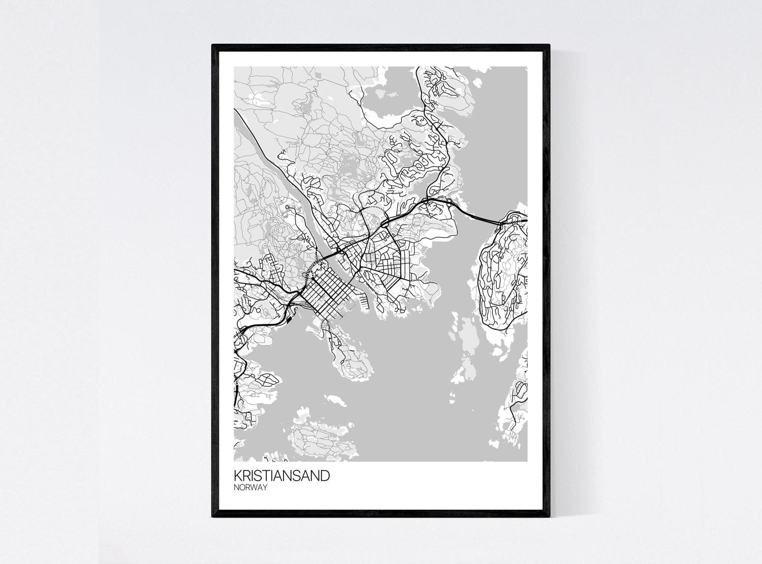Kristiansand Norway Map Art Print Many Colours 350gsm Art Etsy
