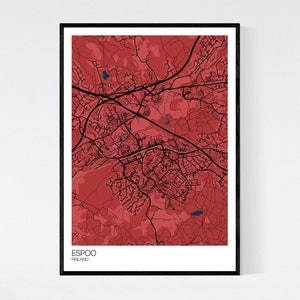 Espoo, Finland Map Art Print Many Colours 350gsm Art Quality Paper Fast Delivery Wall Art // Vintage // Retro // Minimal Red/Blue