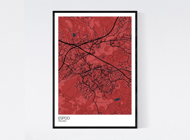 Espoo, Finland Map Art Print Many Colours 350gsm Art Quality Paper Fast Delivery Wall Art // Vintage // Retro // Minimal Red/Blue