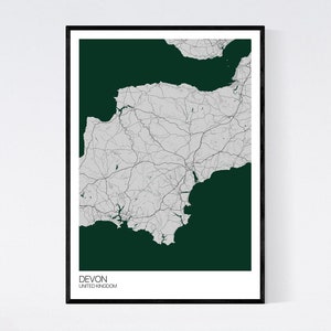 Devon, England Map Art Print Many Styles 350gsm Art Quality Paper Fast Delivery Scandi // Vintage // Retro // Minimal Grey/Green