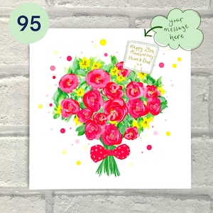 Gepersonaliseerde jubileumvieringskaart, unieke jubileum speciale op maat gemaakte kaart, schattig, sentimenteel, geïllustreerde speciale kaart rode rozen
