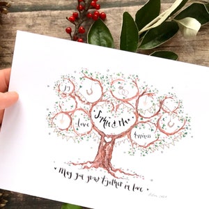 May include: A watercolor illustration of a tree with a heart in the center that says "Sophie & Max". The tree is decorated with bunting and has various symbols in the branches, including hearts, horseshoes, and wedding rings. The text at the bottom reads "May you grow together in love."