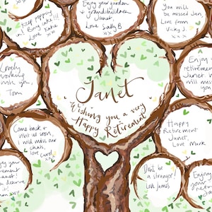 Può includere: Un albero disegnato a mano con rami marroni e foglie verdi. L'albero ha un'apertura a forma di cuore al centro con il nome "Janet" scritto all'interno. L'albero è decorato con messaggi che augurano a Janet una felice pensione.