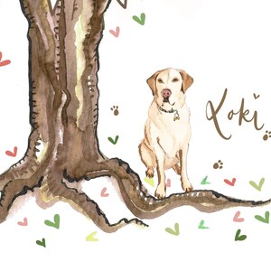 May include: A watercolour painting of a brown tree with roots and a yellow Labrador Retriever sitting on a branch. The dog is looking at the viewer and has a collar on. The painting is surrounded by green and pink hearts and paw prints. The dog's name, "Koki", is written in brown cursive.