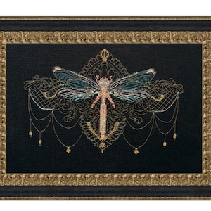 Cross Stitch Kit Golden dragonfly, Counted cross stitch full kit Insect, Modern Embroidery Kit Gold on a black canvas, Gold embroidery kit