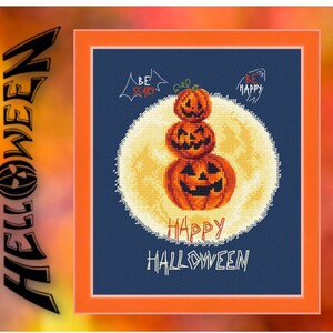 Cross Stitch Kit Pumpkin&#39;s Party, Happy halloween counted cross stitch kit, Set for embroidery with threads, DIY Wall decor Pumpkin