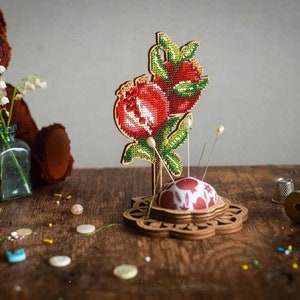 DIY Bead embroidery kit on wood Pomegranate. Sewing pin cushion beaded kit, Wooden beaded kit, DIY sewing needle holder