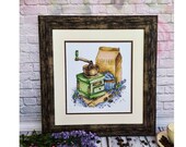 Green coffee grinder embroidered cross stitch picture, Coffee bar decor, Picture of coffee and lavender cake Kitchen decor Brown FRAMED